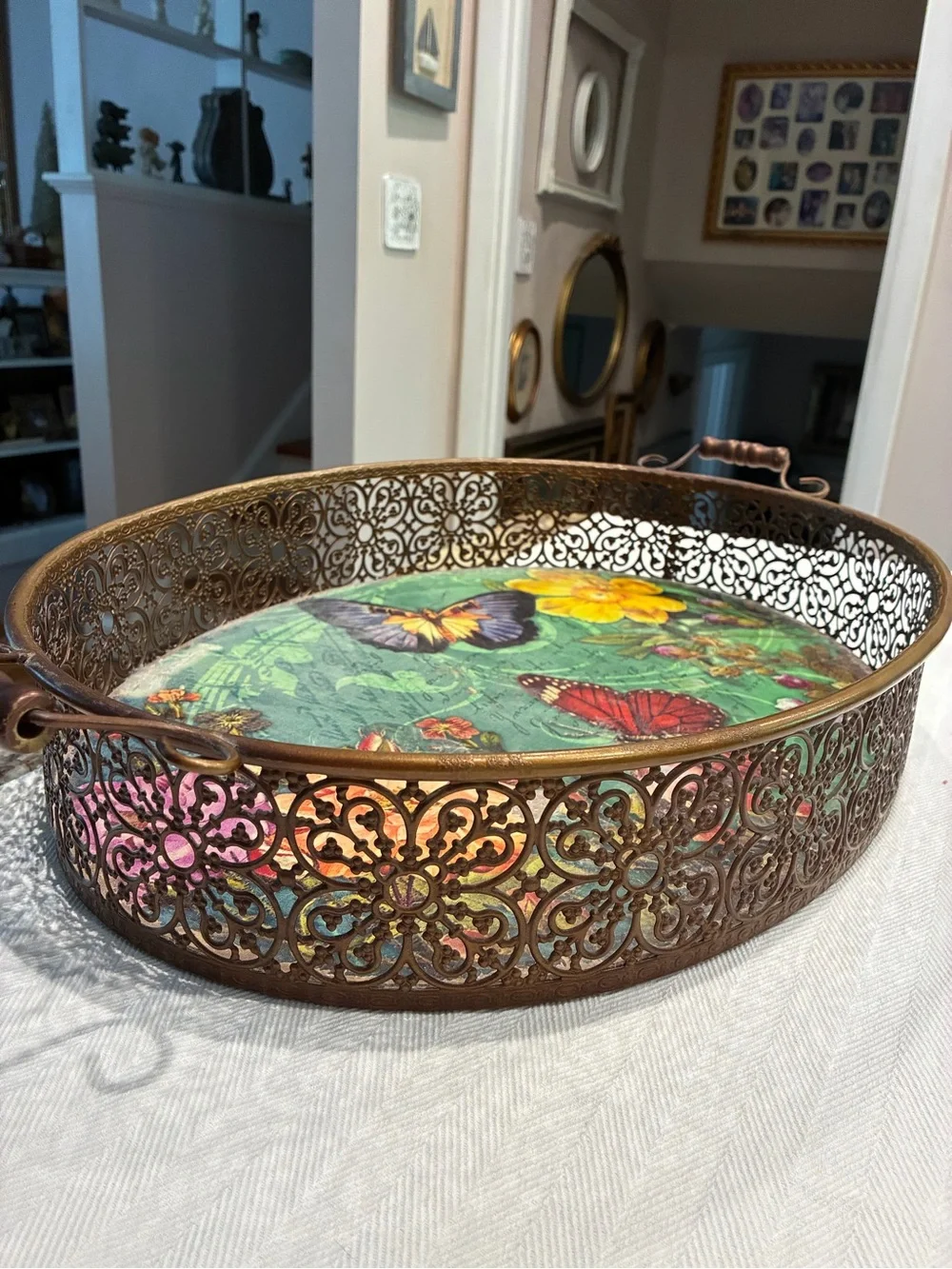 Pier 1 Imports Green Butterfly and Floral Metal Serving Tray